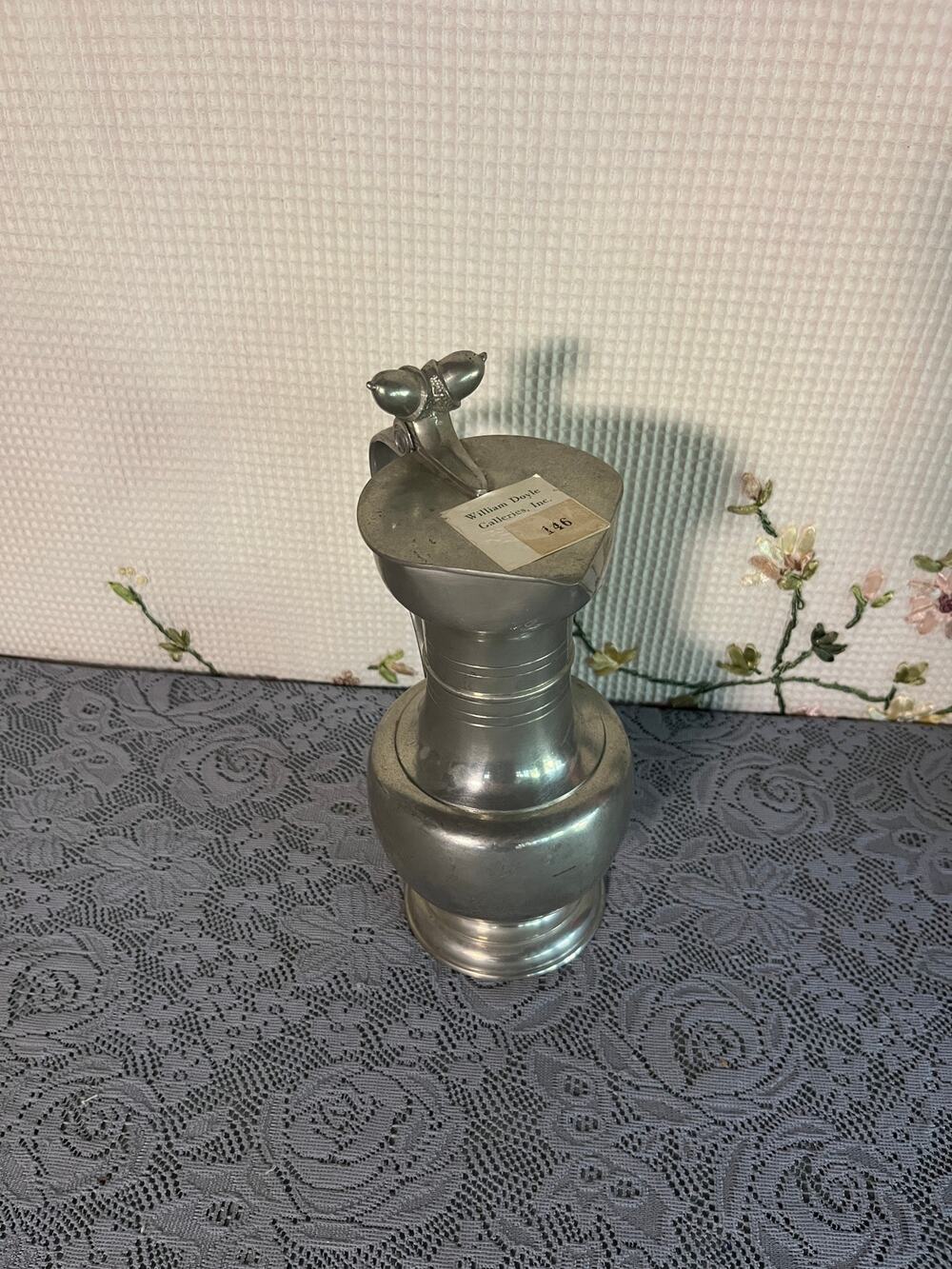 Vintage Swiss Geneve Pewter Covered Pitcher Flagon Hinged Lid Acorn Thumbpiece